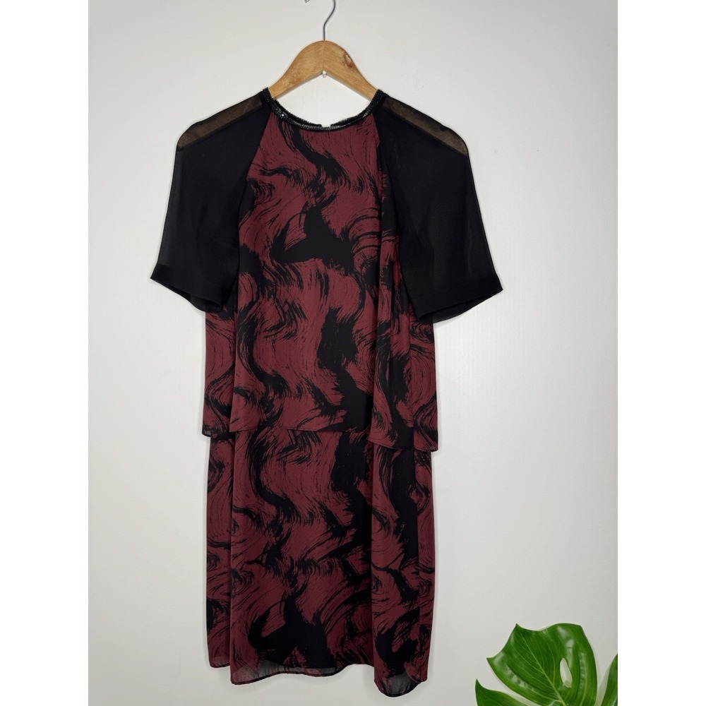 Reiss Embellished Dress 4 Black Deep Red Draped Back Lined
